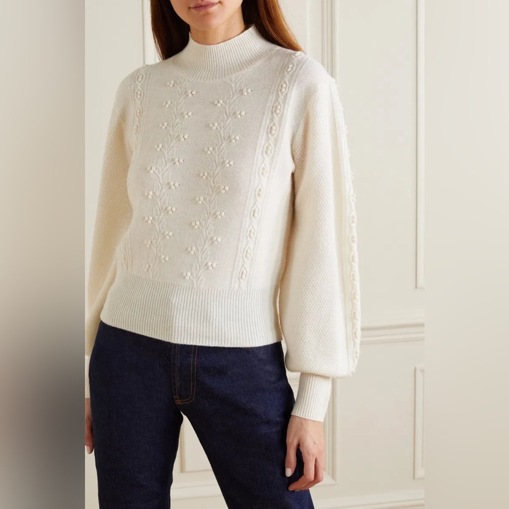 NWOT! Reformation Sinclair Embroidered Wool Sweater Cream PomPoms Sz Medium